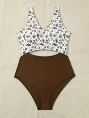  Sexy Mushroom Print V Neck Cut Out One Piece Swimsuit