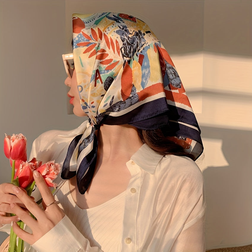 French Style Vintage Square Silk Scarf Bandana Boho Satin Shawl