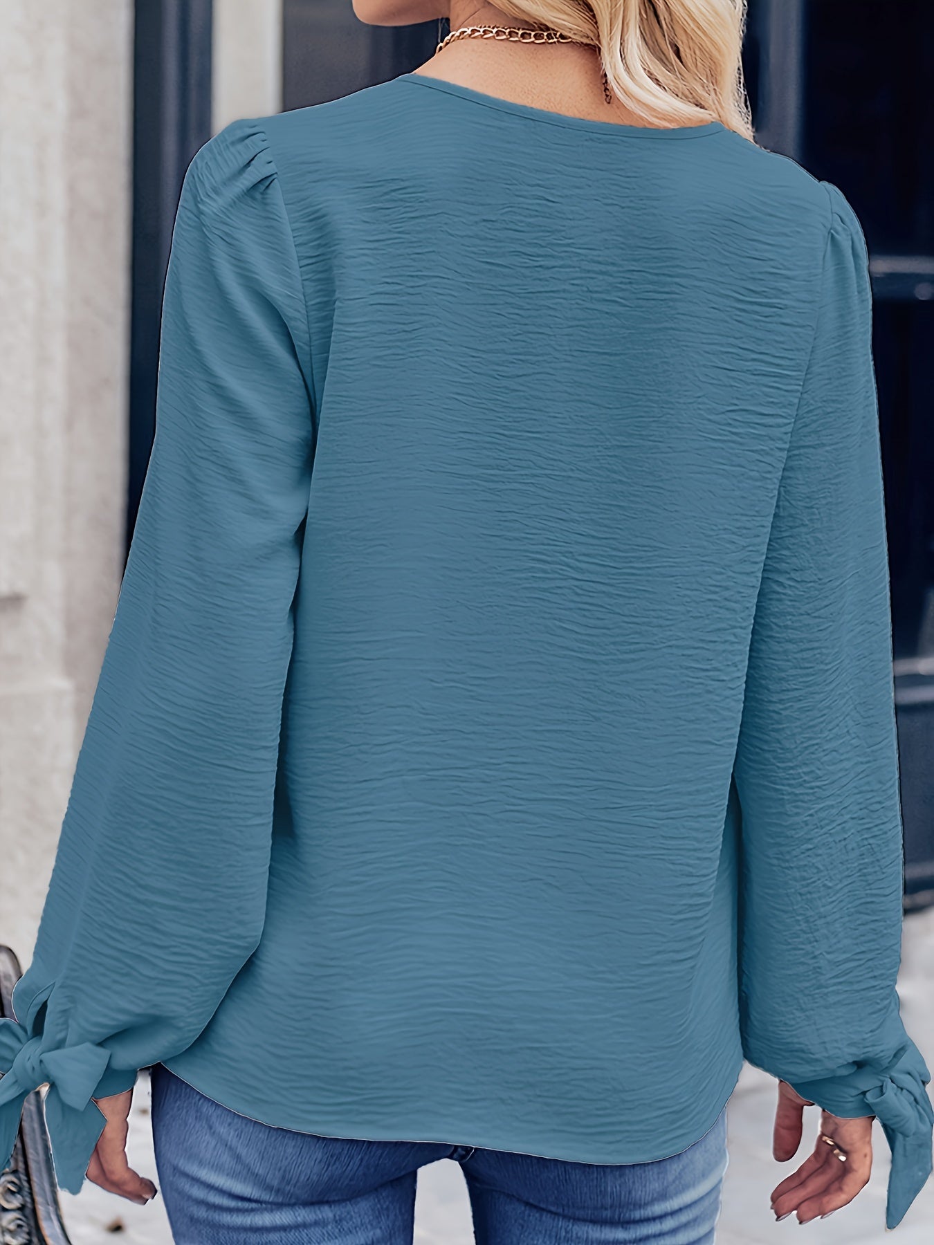  Casual Blouse Women's Solid Textured Long Sleeve V Neck Shirt
