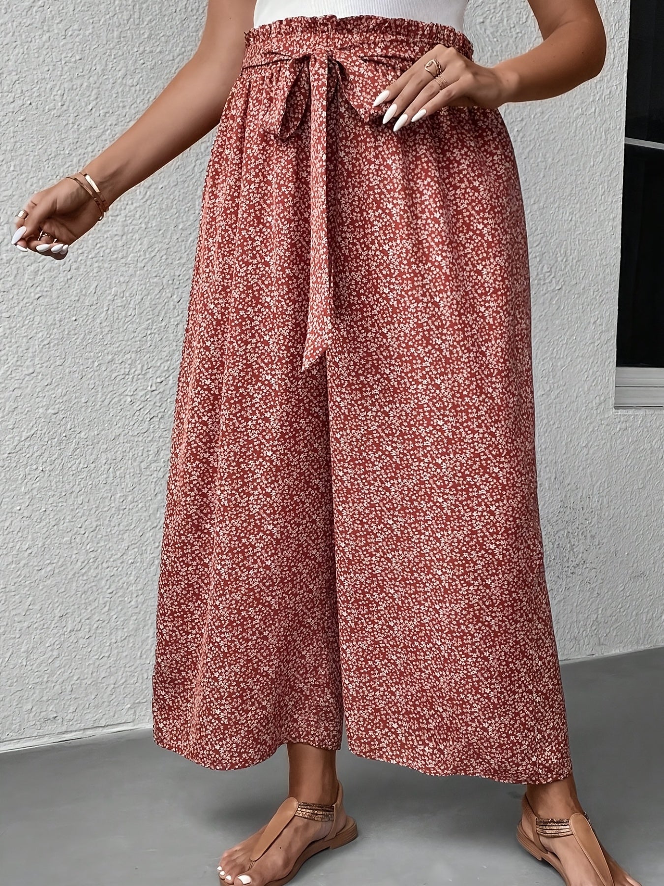  Women's Floral Print Ruffle Wide Leg Pants
