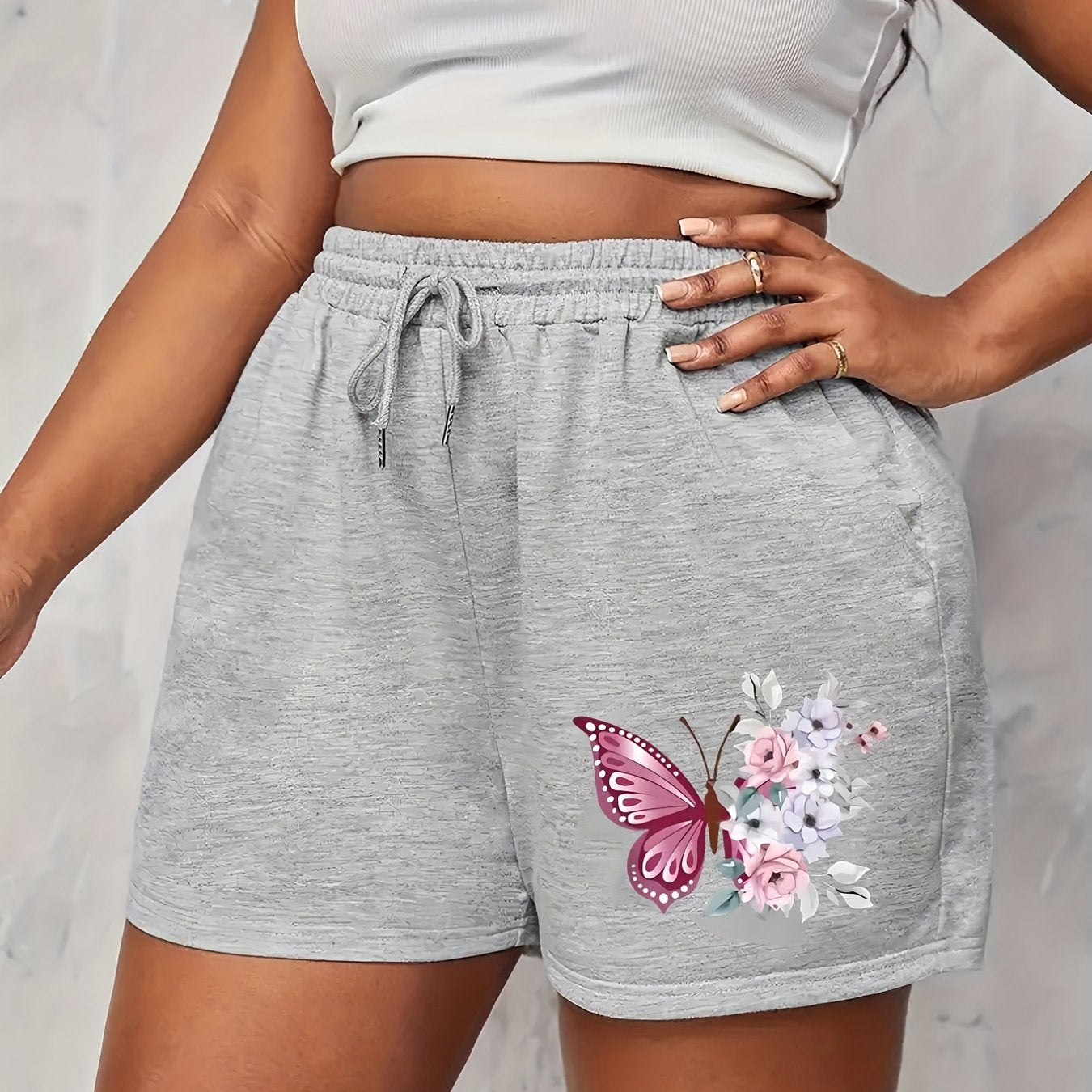  Floral Butterfly Print Drawstring Shorts With Pockets