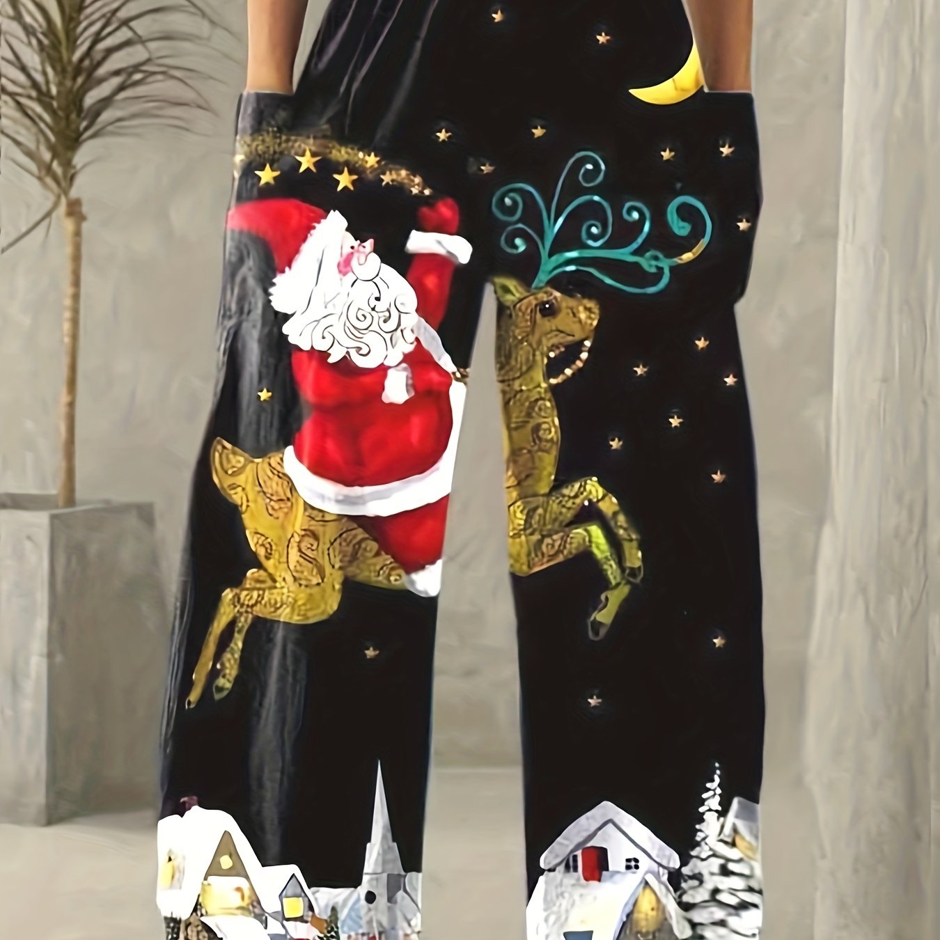 Women's Plus Santa & Reindeer Print High Rise Wide Leg Pants