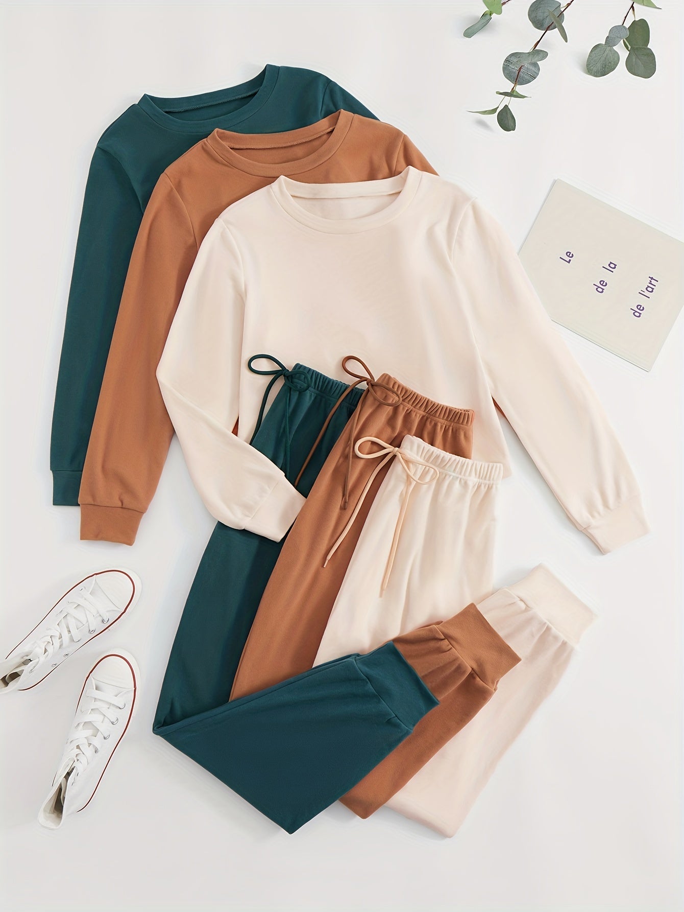 3-Piece Lounge Set Crew Neck Top & Lace Up Pants