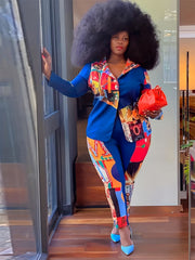  Colorblock Graphic Print Long Sleeve Top & Pants Set