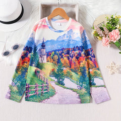 3D Landscape Print Kid's Pullover Top for Spring Fall Winter