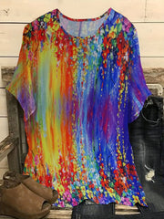  Painting Print Round Neck Drop Shoulder Short Sleeve Blouse