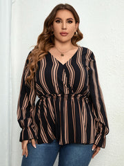  Striped V Neck Long Sleeve Blouse with Flounce Sleeve