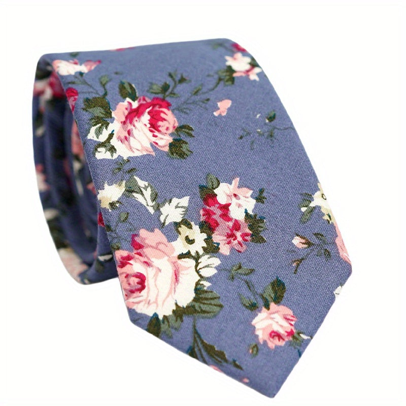 Men's Skinny Floral Print Cotton Necktie - Wedding