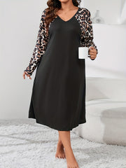  Leopard Print Raglan Long Sleeve V Neck Stretch Sleep Dress