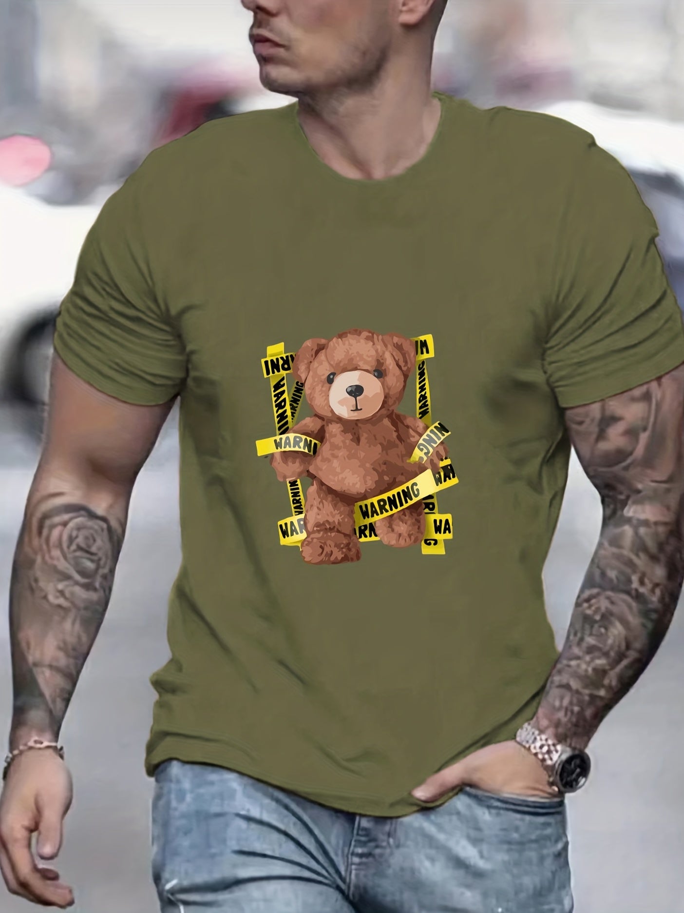 Teddy Bear Print Men's Graphic Crew Neck Active T shirt