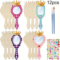 12pcs Wooden Mirrors Craft Set - Paintable Handheld Art Mirror