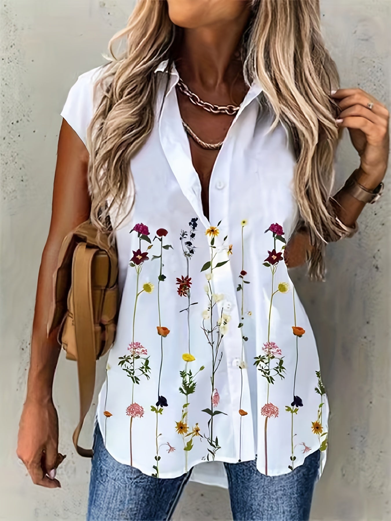  Floral Print Short Sleeve Polo Neck Blouse