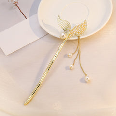 Fishtail Tassel Hair Pin Faux Pearl Rhinestone Golden Cheongsam Chignon Pins
