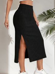  Ribbed Side Split Maxi Skirt