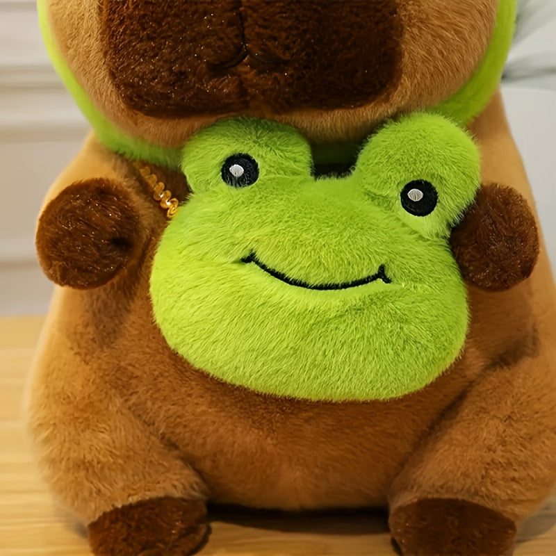 Soft Capybara Plush with Frog Hat & Bag Anime Style Brown & Green Cuddly Doll