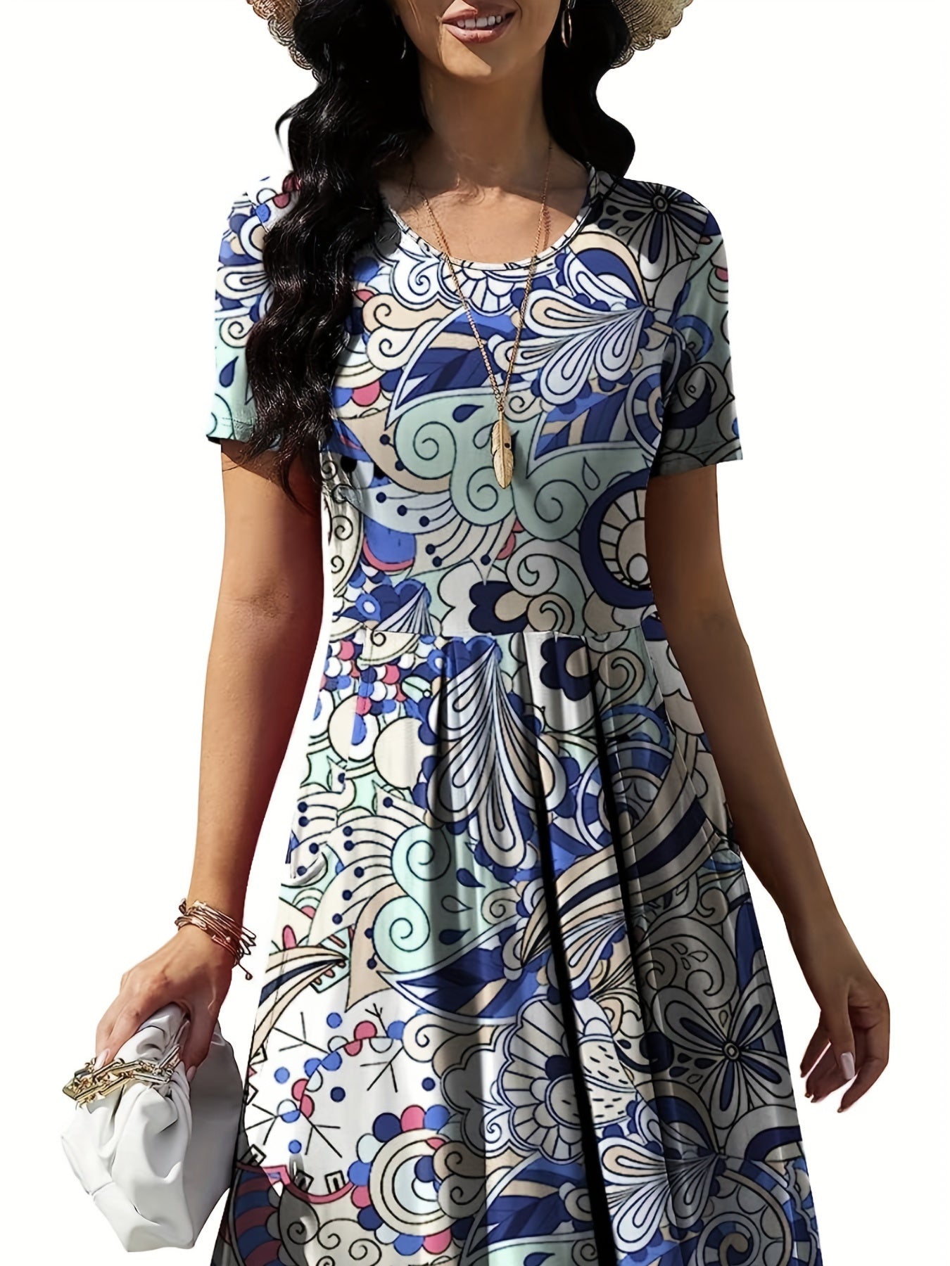  Floral Print Short Sleeve Boho Dress