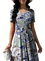  Floral Print Short Sleeve Boho Dress