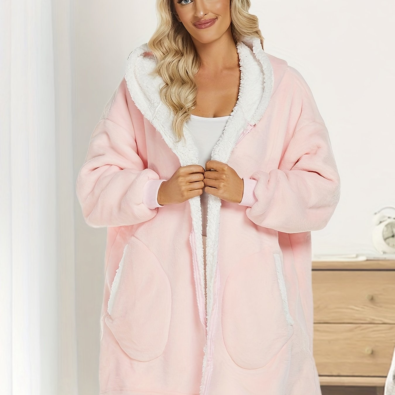 Solid Plush Hooded Lounge Top with Pockets