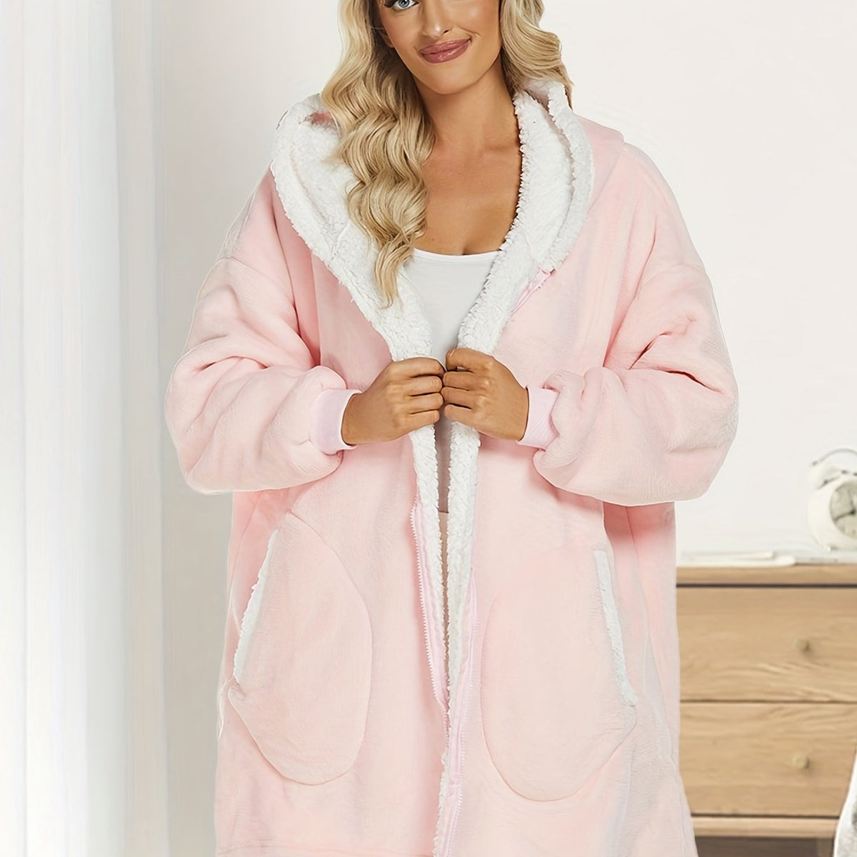 Solid Plush Hooded Lounge Top with Pockets