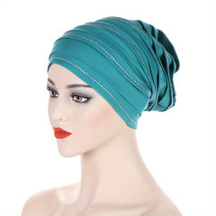 Pleated Satin Turban Cap Rhinestone Decor Head Wraps Elastic Hijab Hats