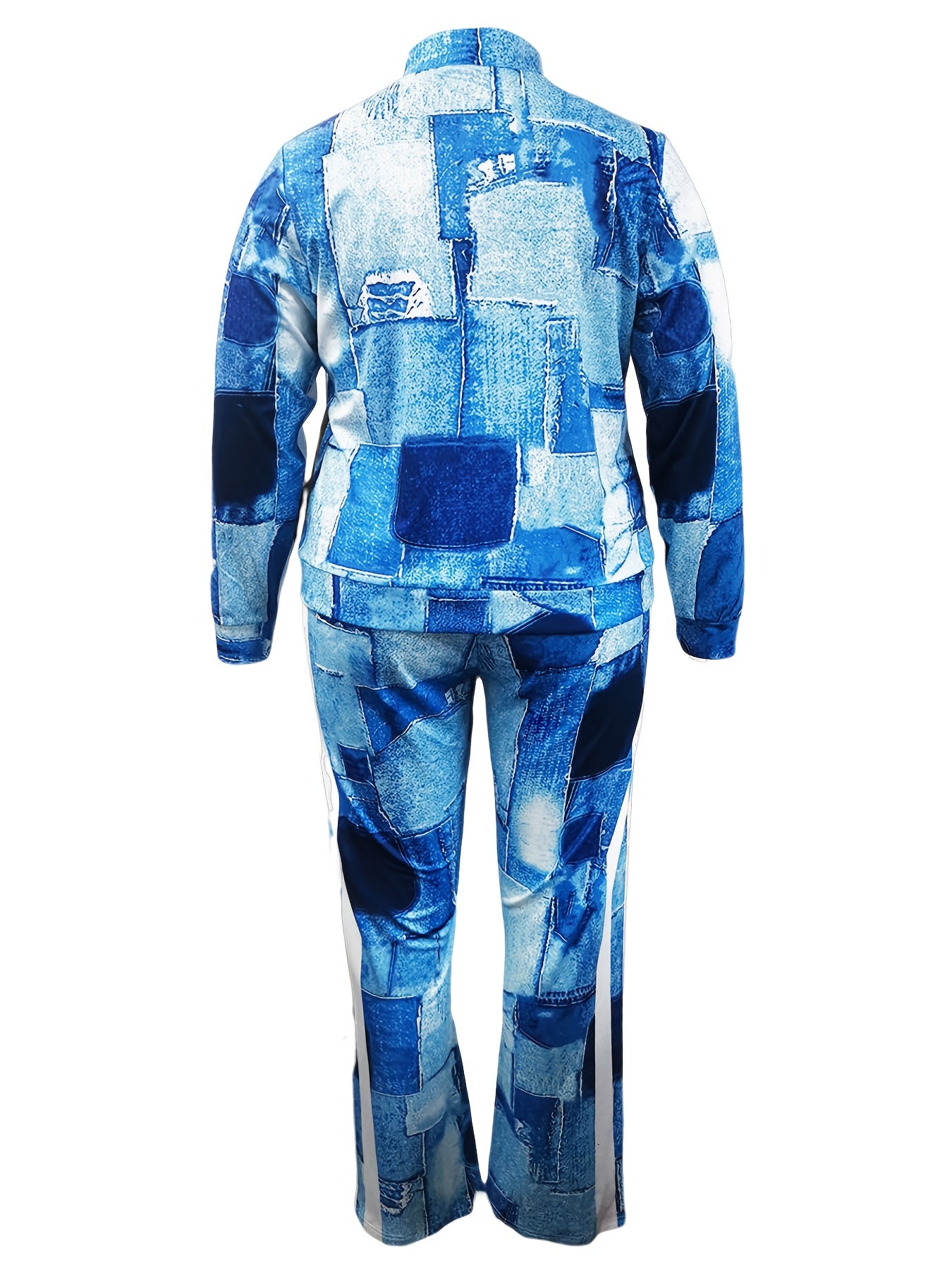 Women's Plus Denim Print Zip Up Top & Pants Set