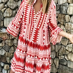  Geometric Print Button Up V Neck Loose Mini Dress