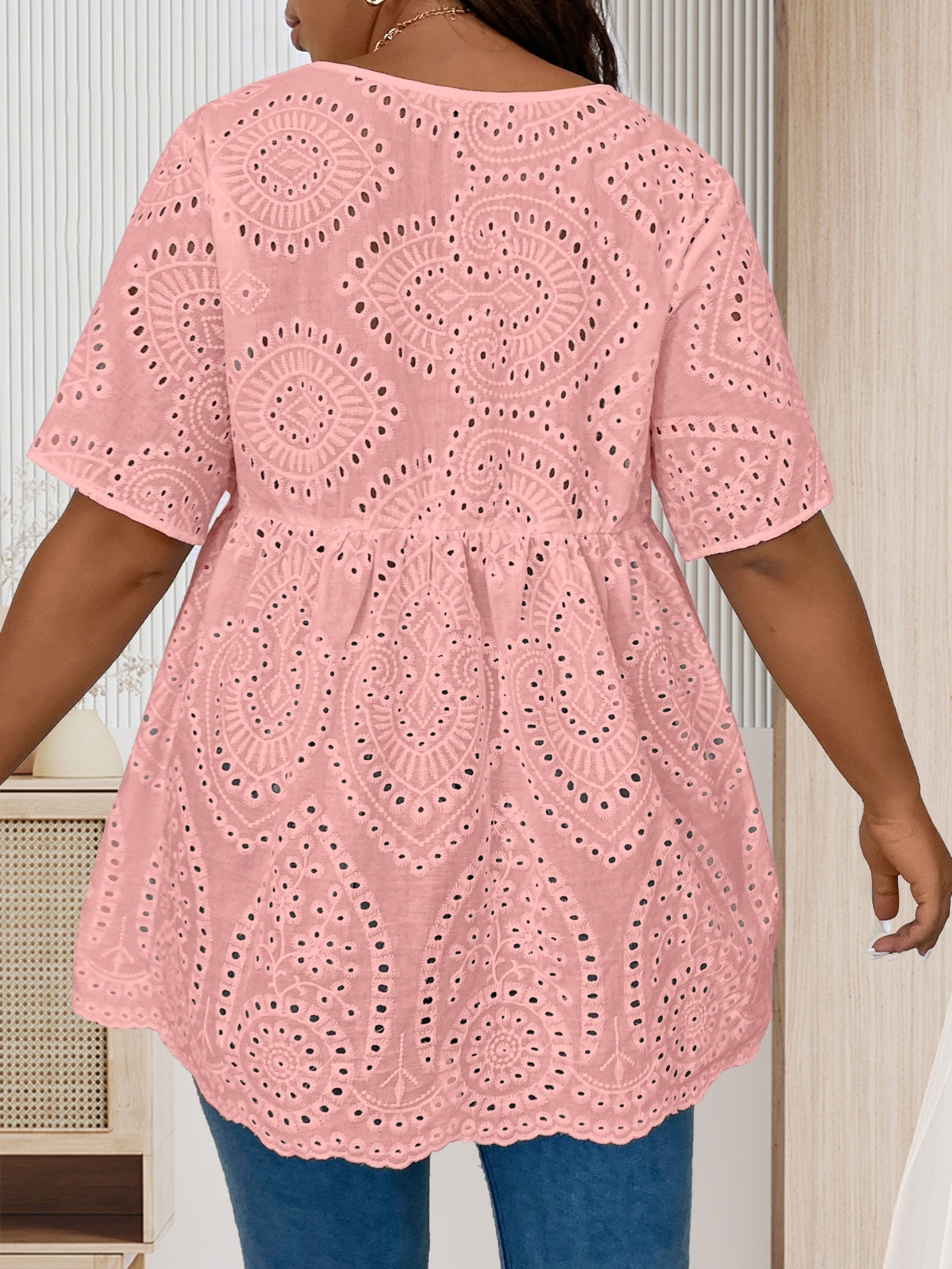  Eyelet Embroidered V Neck Top