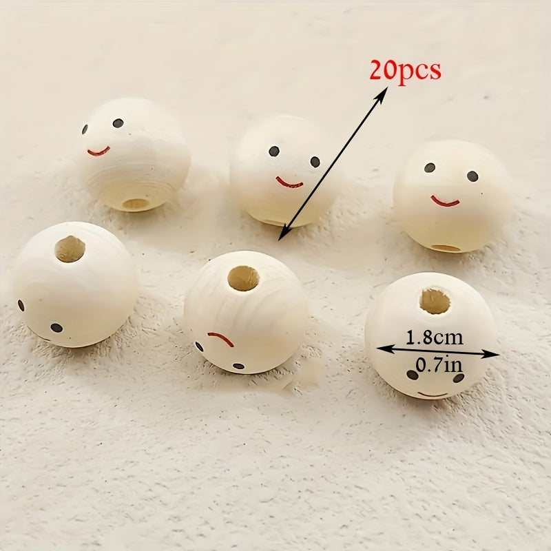 20pcs Smiling Face Wooden Beads Round Expression Loose Beads