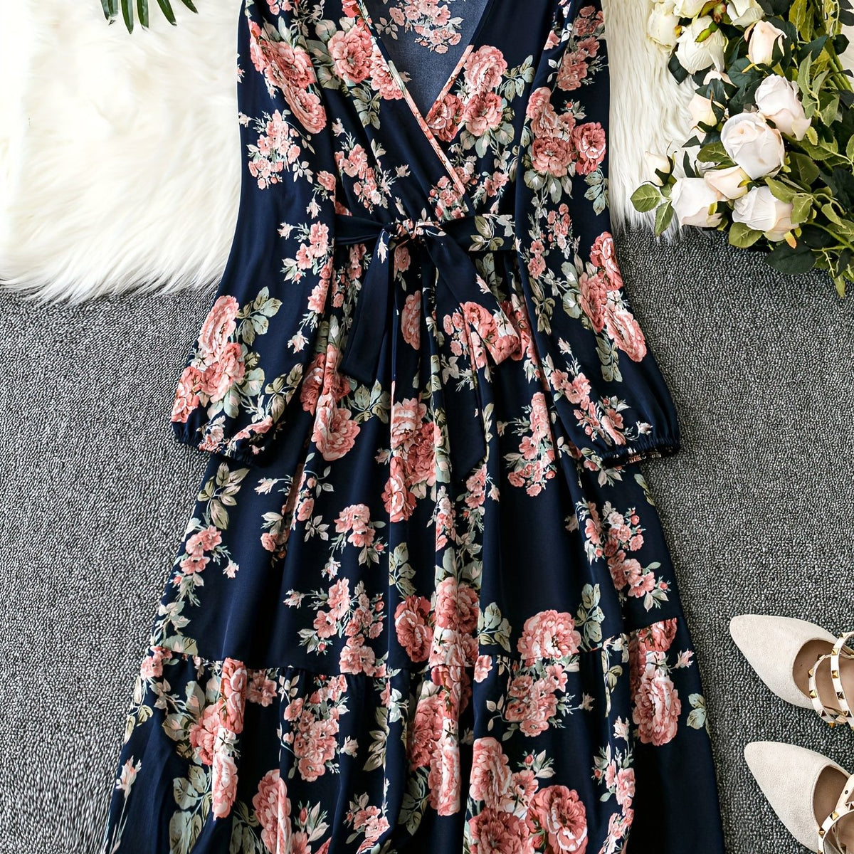 Women's Plus Floral Print Lantern Sleeve Surplice Neck Maxi Dress