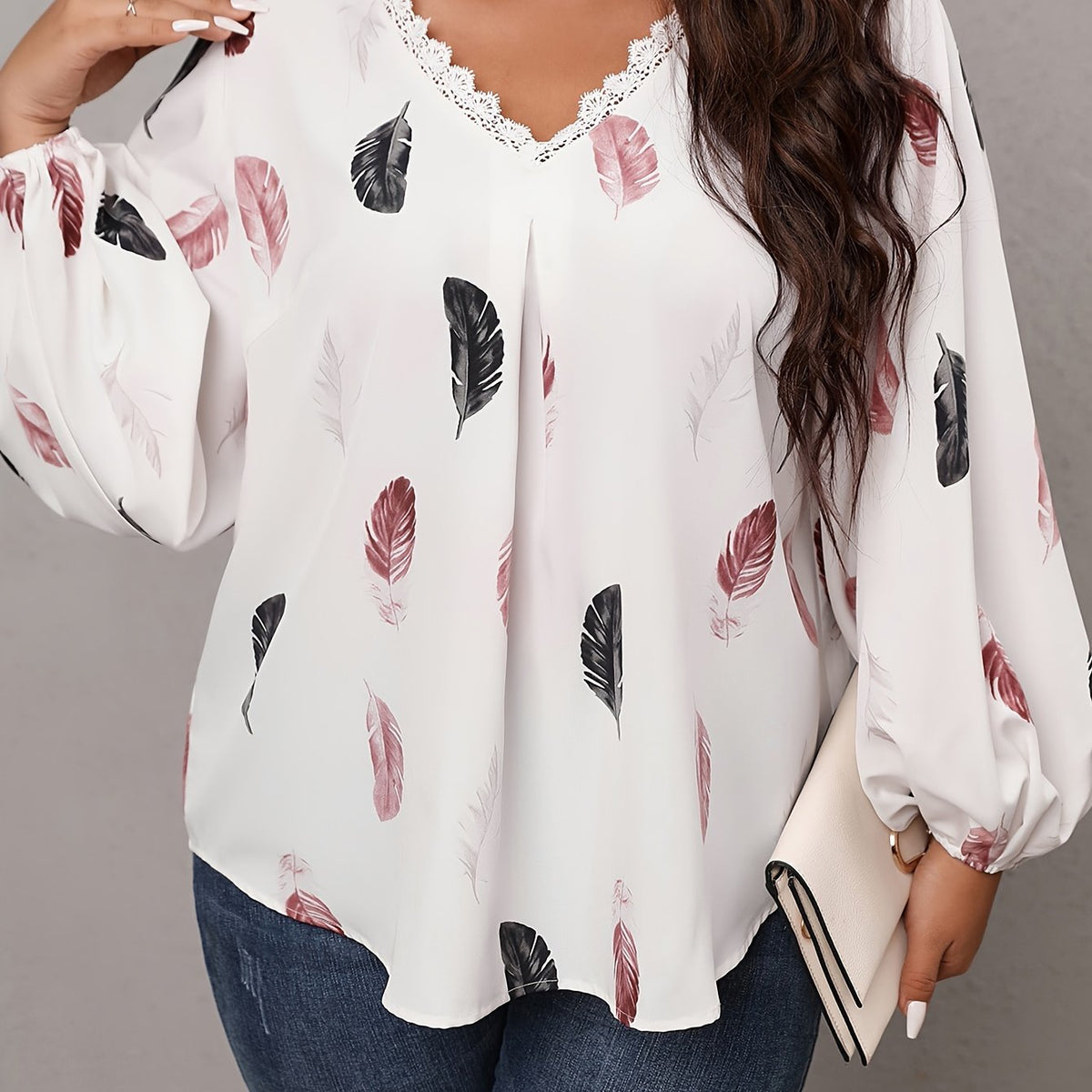 Women's Plus Feather Print Lace Trim Long Sleeve V Neck Tunic Top