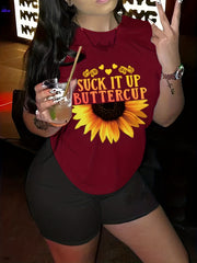  Letter & Sunflower Print Tee & Biker Shorts 2 Piece Set