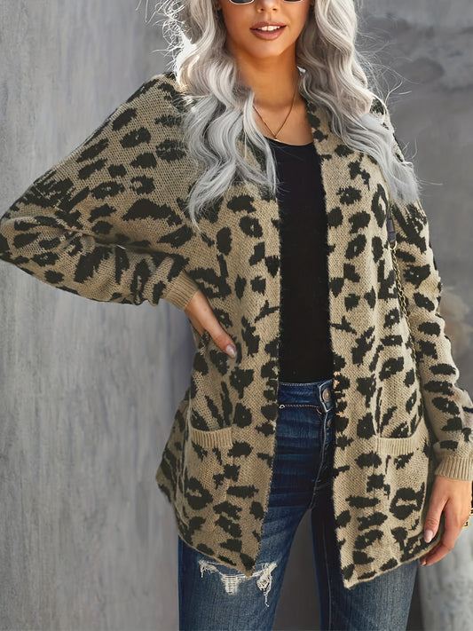  Leopard Print Open Front Cardigan with Pockets
