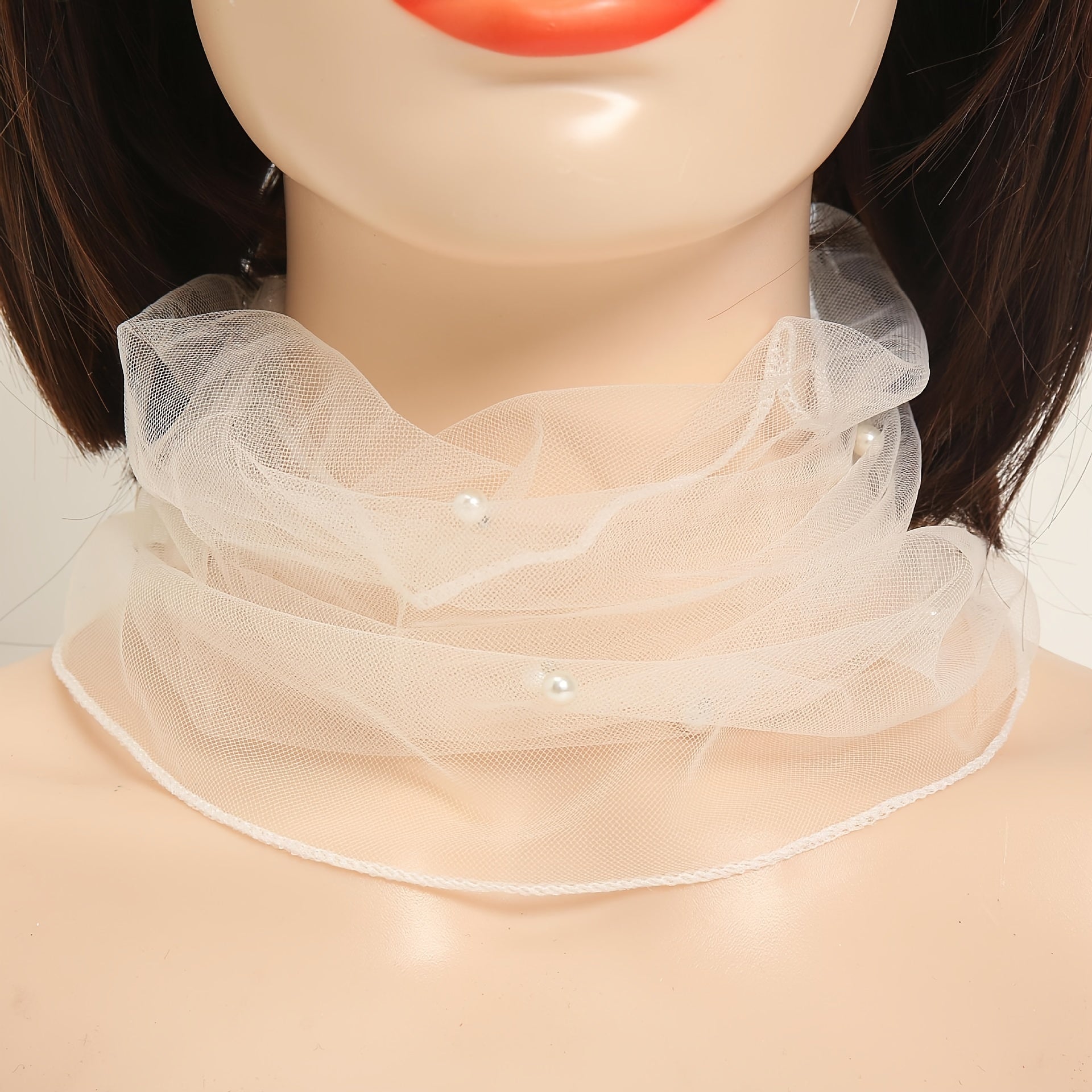 Chiffon Neck Collar Ruffles Infinity Scarf Faux Pearl Decor