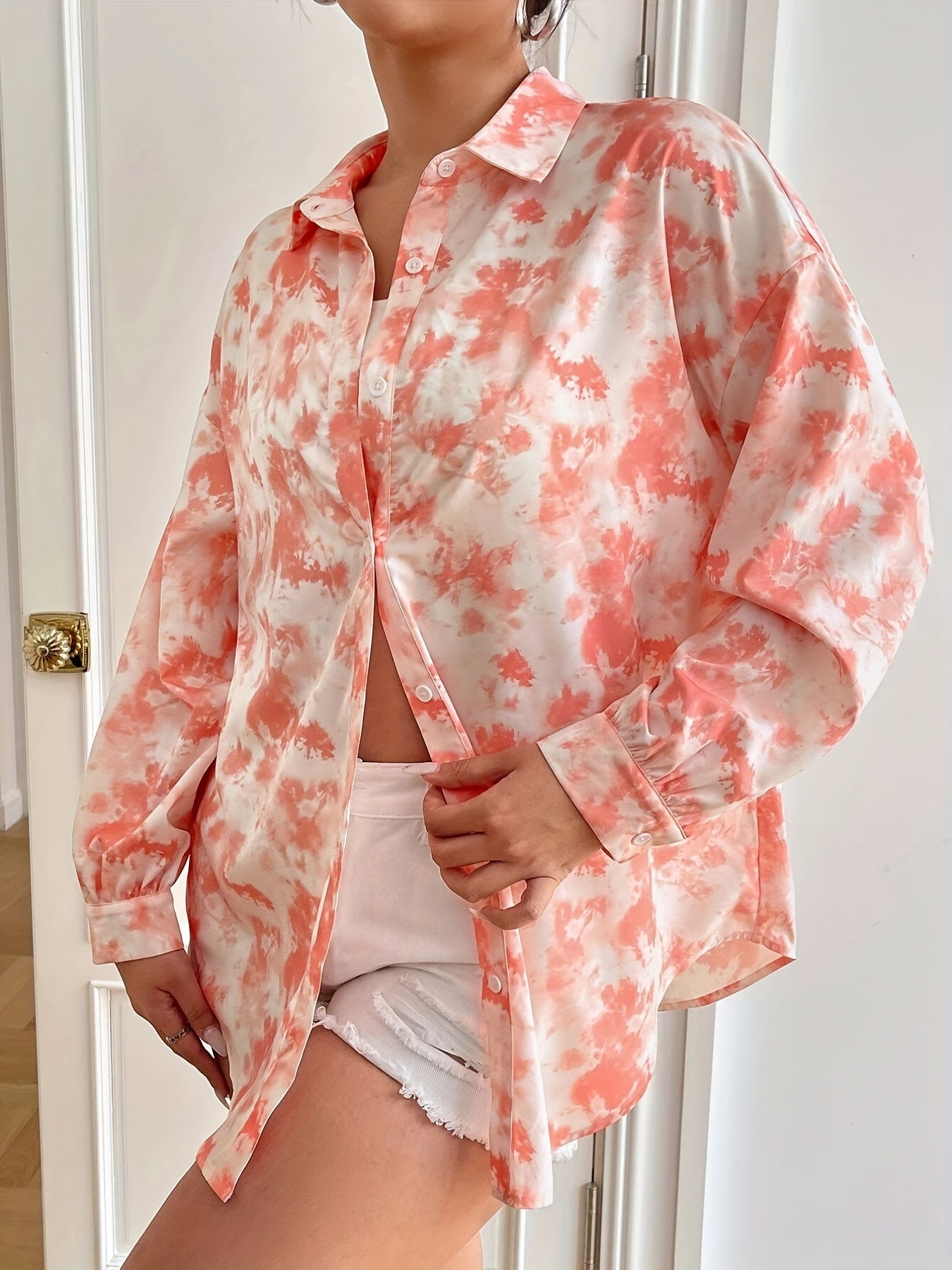  Tie Dye Button Up Collar Blouse