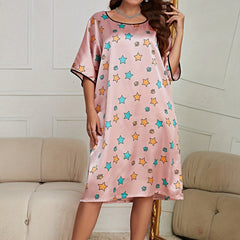  Nightgown Women's Plus Star Print Half Sleeve Satin Sleep Dress