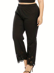  Casual Pants Women's Plus Solid Elastic Eyelet Embroidered Trim Pants