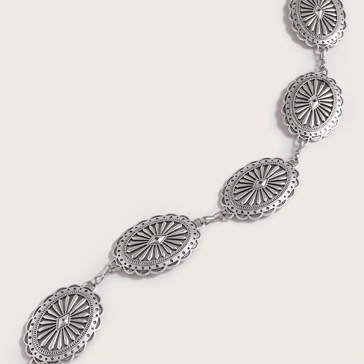 Silvery Hollow Oval Waist Chain Geometric Flower Carved Metal Body Chain