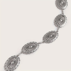 Silvery Hollow Oval Waist Chain Geometric Flower Carved Metal Body Chain
