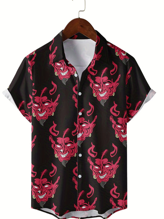 Demon Pattern Short Sleeve Shirt Men's Casual Button Up Shirt