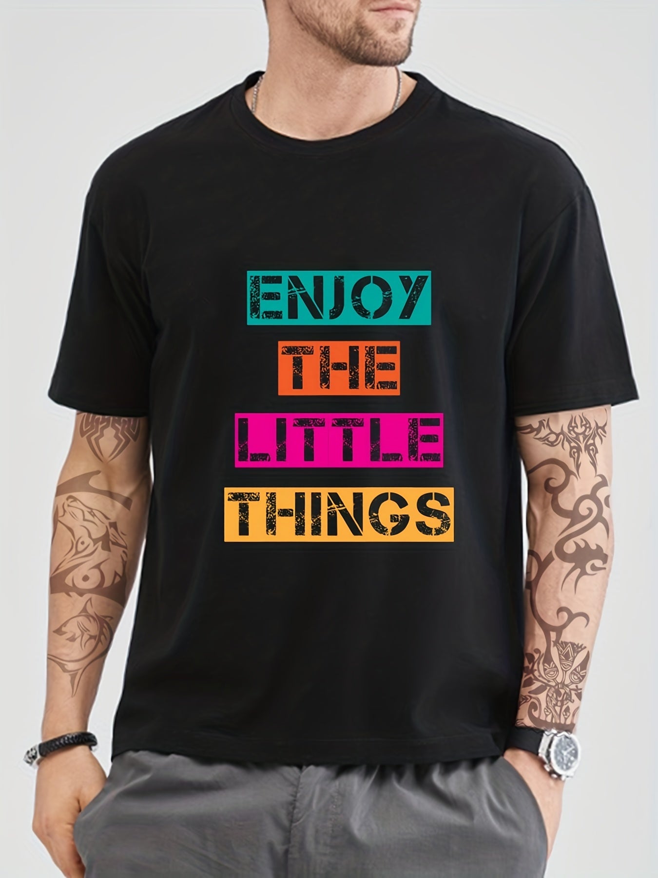 Solid Cotton Men's Graphic Crew Neck T-shirt Casual Comfy Tee