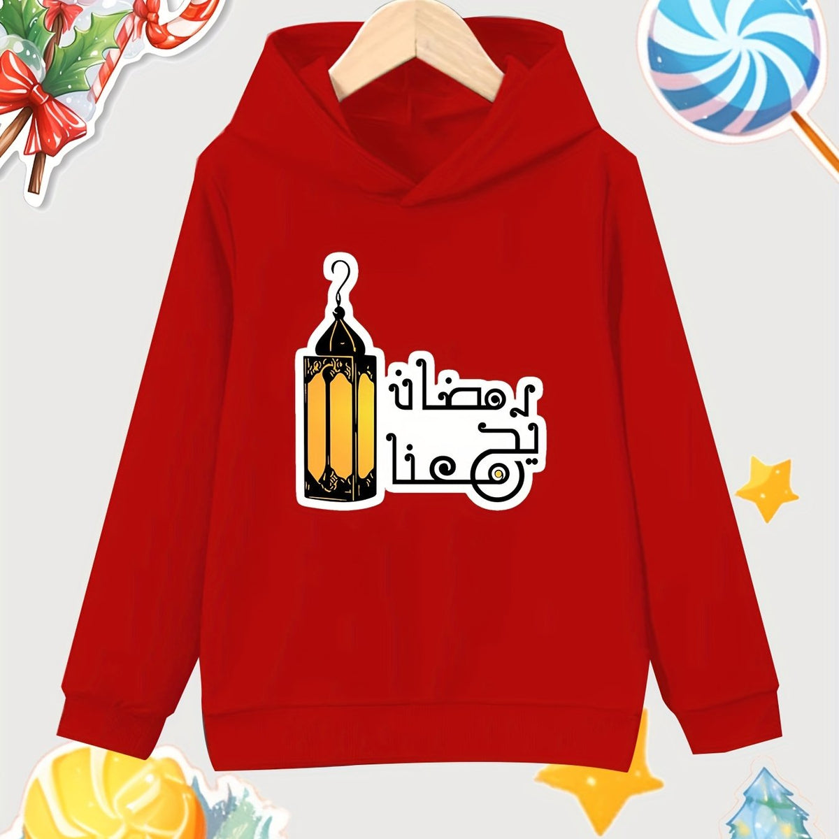 Lantern Print Girls Cotton Pullover Hooded Sweatshirt