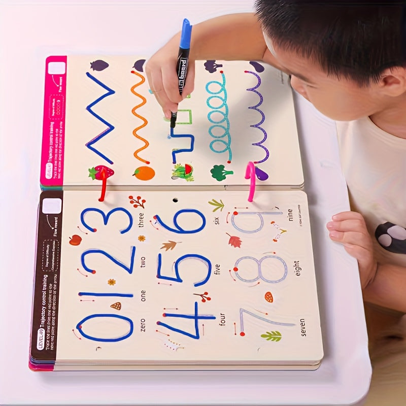 Reusable Educational Workbook Set with 4 Pens & 1 Eraser