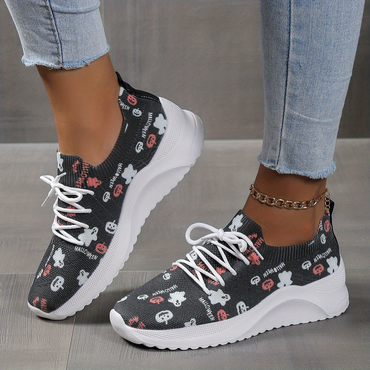 Halloween Pumpkin & Ghost Print Mesh Sneakers