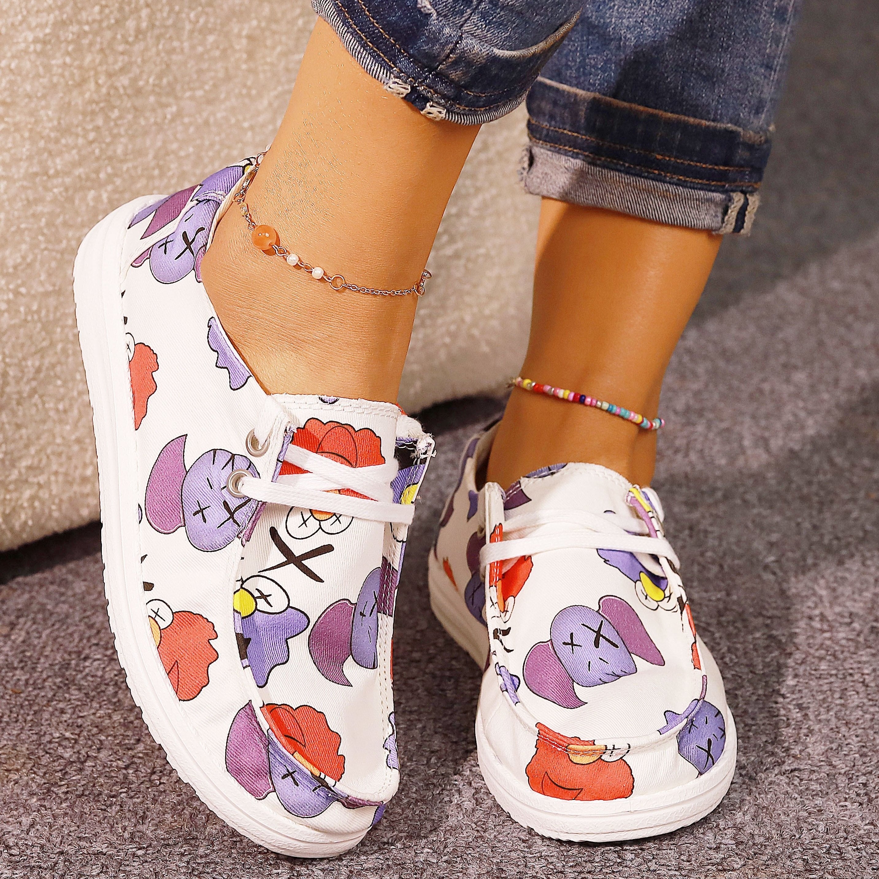 Women's Cartoon Printed Flat Shoes Casual Slip On Canvas Shoes