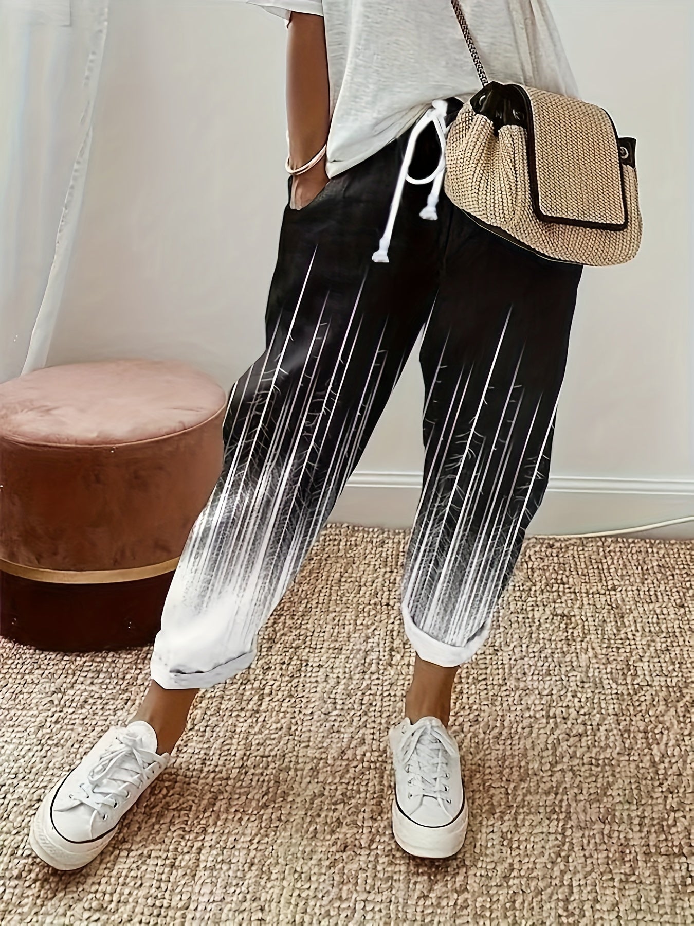  Ombre Stripe Print Drawstring Pants