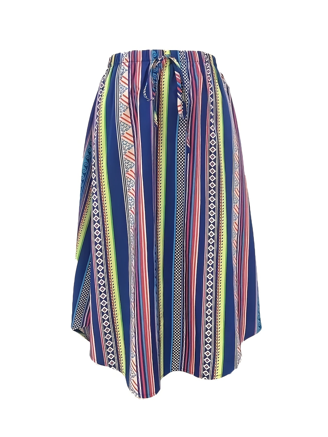  Boho Maxi Skirt Women's Tribal Striped Elastic Waist Pleated