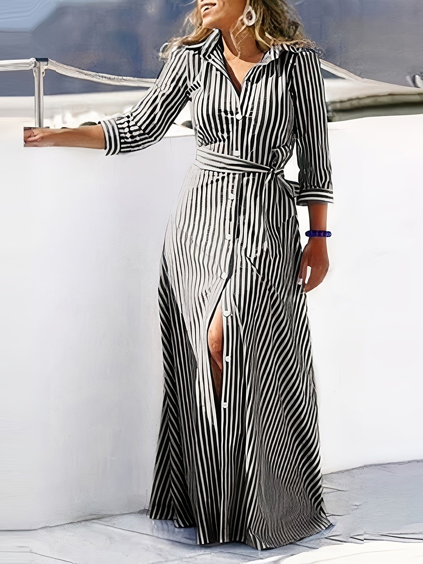  Geometric Print Long Sleeve Shirt Dress With Belt
