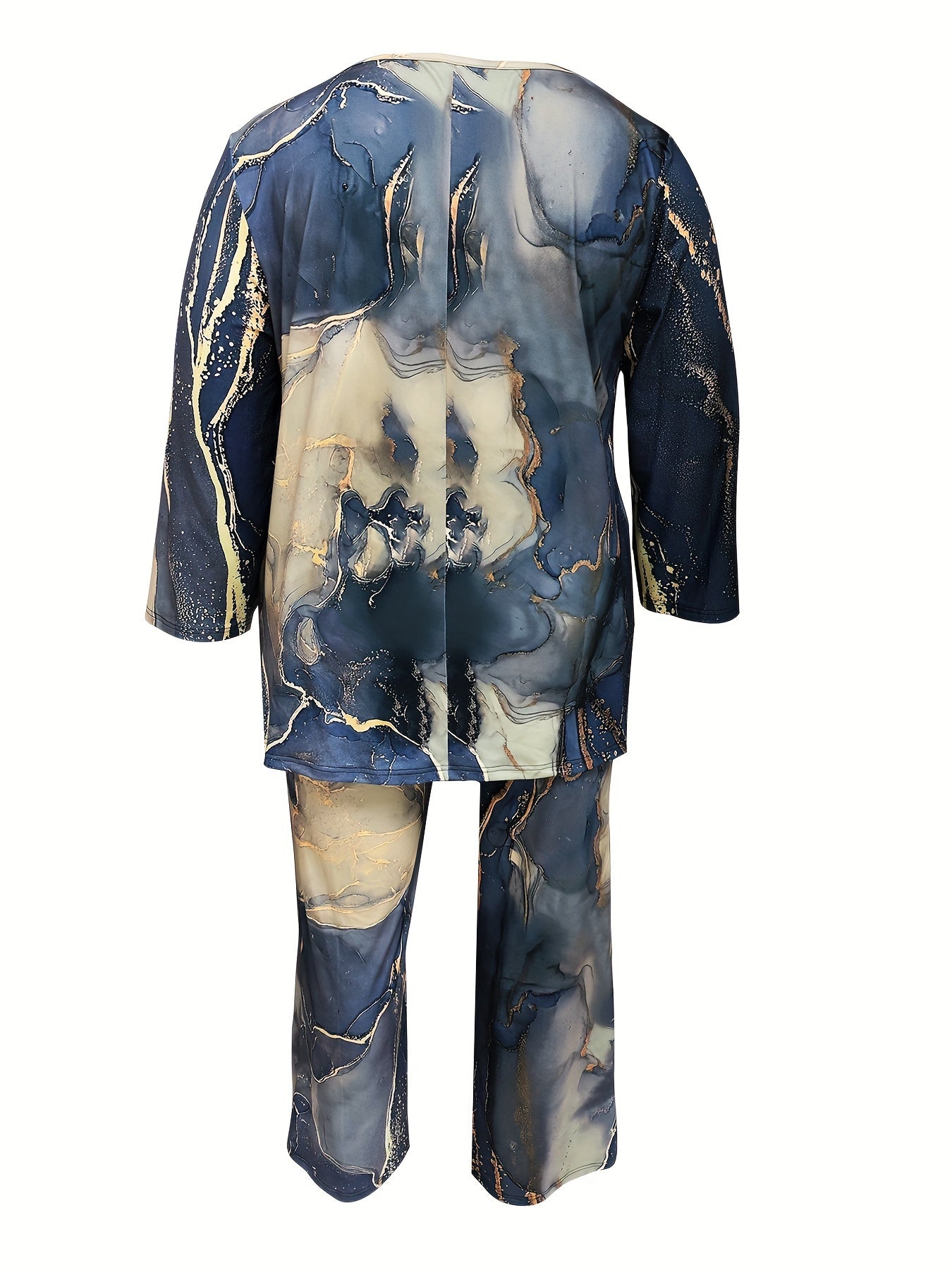  Marble Print Top & Pants Set, Long Sleeve Round Neck 2pc Outfit
