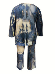  Marble Print Top & Pants Set, Long Sleeve Round Neck 2pc Outfit