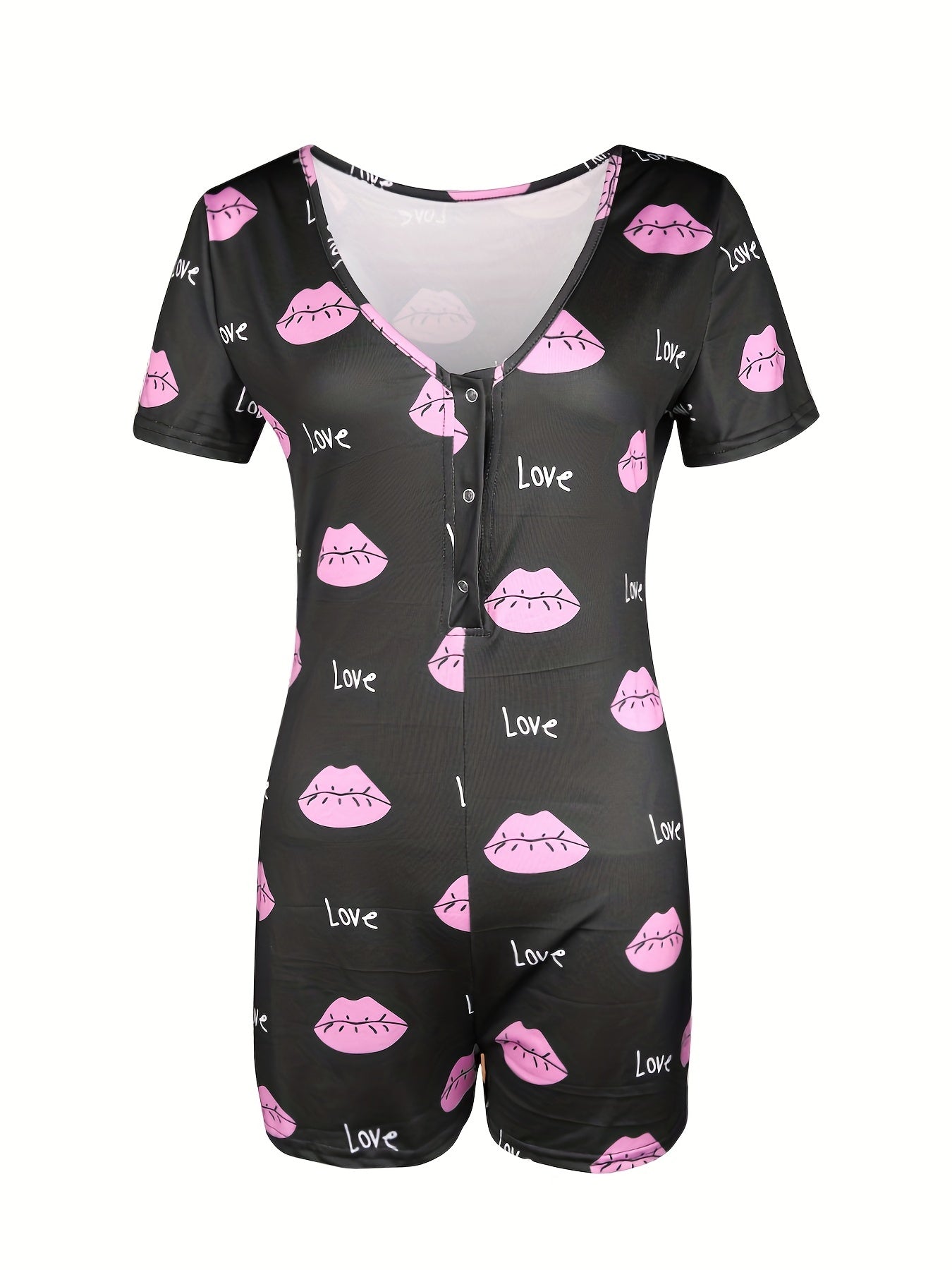 Lip & Letter Print Romper Jumpsuit V neck Button Romper Jumpsuit
